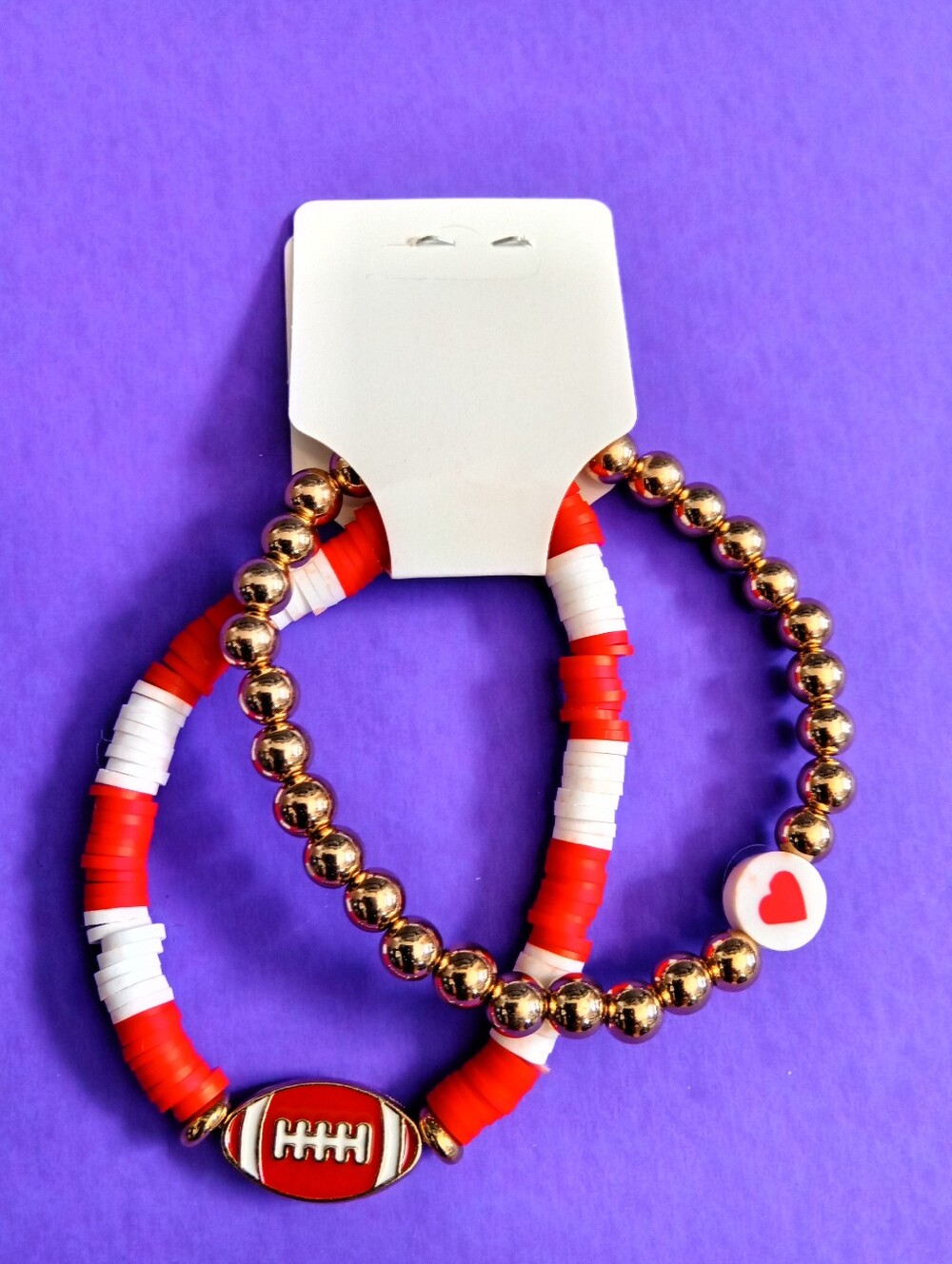 Red & White & Gold Beaded Football Charm Bracelet Set - Go KC